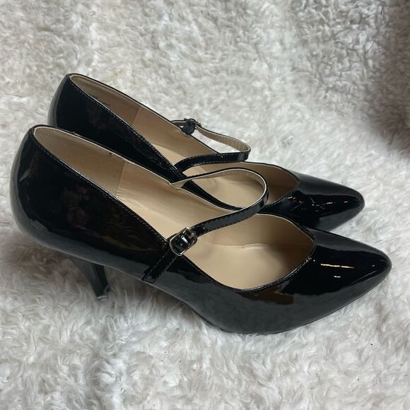 Pleaser pink label black patent faux leather Mary Jane heels pointed toe SZ16 - Picture 1 of 7